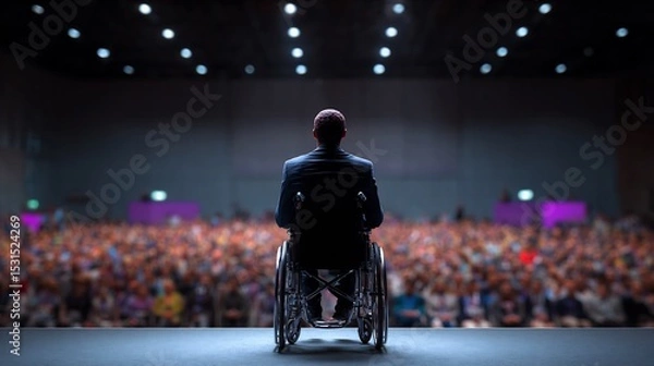 Obraz Equality public speaking wheelchair using speaker addressing large diverse audience in conference hall inspirational leadership and representation in communication empowering message delivery