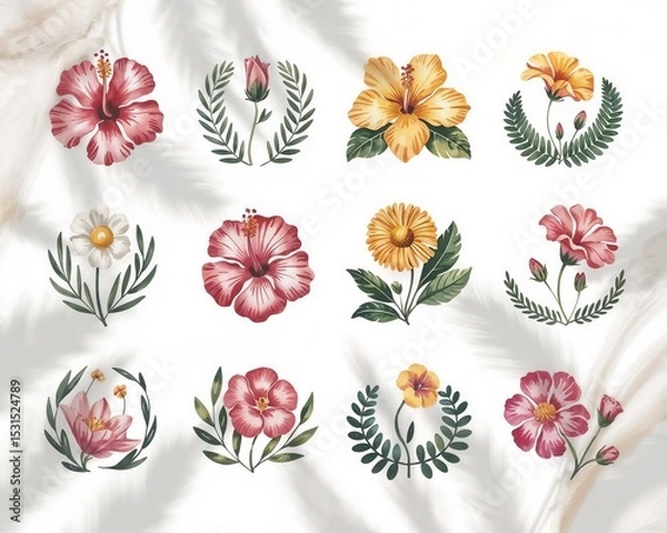 Fototapeta A grid of vibrant floral illustrations featuring hibiscus, daisies, and marigolds in red, yellow, pink, and orange, with soft palm leaf shadows.