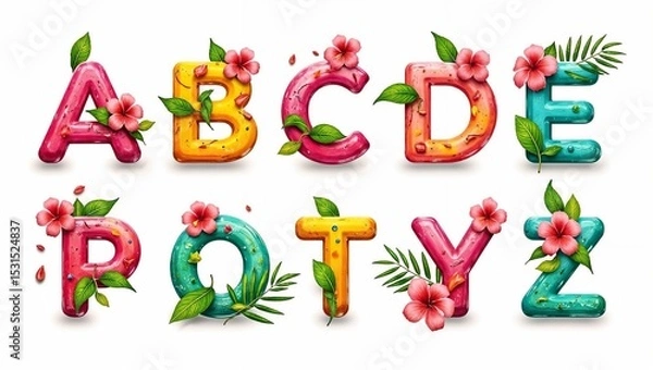 Fototapeta Colorful letters styled with a candy like texture, adorned with pink hibiscus flowers, green leaves, and water droplets on a white background.