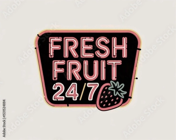 Fototapeta Bright pink and white neon sign with text FRESH FRUIT 24 or 7, a yellow border, and a stylized strawberry graphic on a black background.