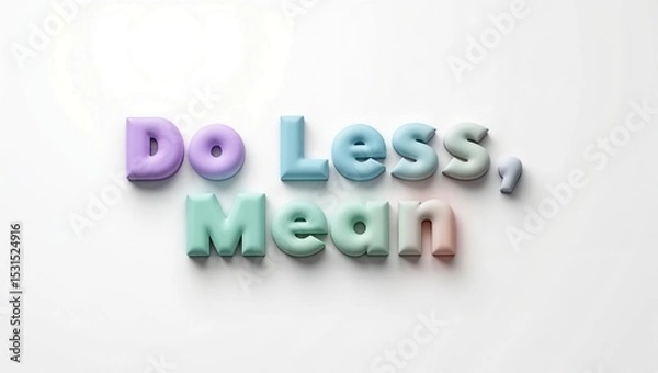 Fototapeta Three dimensional text reads 'Do Less, Mean' in pastel purple, blue, green, and pink. The bold letters stand out against a clean white background.