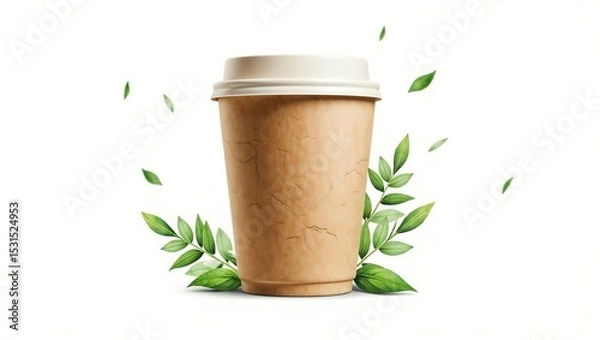 Fototapeta A brown textured coffee cup with a white lid is surrounded by green leaves, set against a clean white background, emphasizing eco friendly themes.