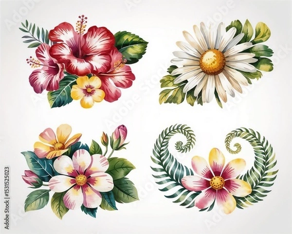 Fototapeta Four floral arrangements featuring hibiscus, daisy, blossoms, and ferns. Vibrant colors and intricate details stand out against a white background.