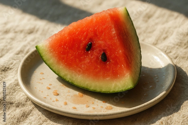 Obraz Fresh watermelon slice on a plate in sunlight. summer picnic