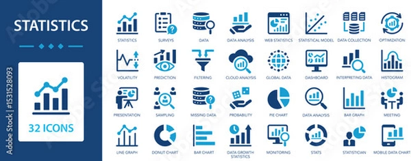 Obraz Statistics icon set. Demonstrate information using graphs and charts. Data, prediction, survey, prediction, pie chart, presentation, cloud analysis.