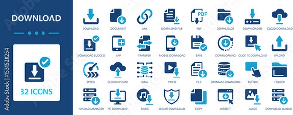 Fototapeta Download flat icons set. Button, document, formats, folder, website, save, drive.