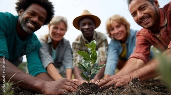 Obraz Global equality peace group of people from different continents planting tree together environmental justice and social inclusion outdoor setting hopeful expressions