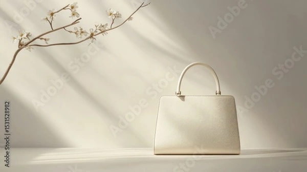 Fototapeta Elegant white handbag with floral branch and soft shadows on neutral backdrop