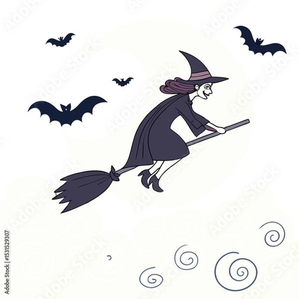Fototapeta halloween flying witch with broom and bats in sky
