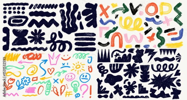 Fototapeta Big collection of pastel hand drawn crayon shapes, abstract forms. Set of colored childish crayon elements. Template doodle colored geometric crayon shapes in retro style. Vector doodle marker drawing