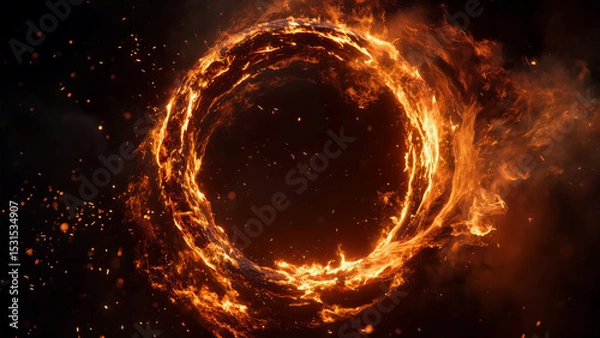 Fototapeta Blazing circle of intense fire erupts with radiant sparks against deep black background. Glowing flames and energetic motion of this burning ring evoke feelings of danger, energy, and fire 
