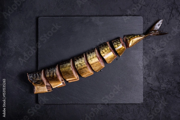 Obraz sliced ​​cold smoked mackerel without head lies diagonally on stone cutting board on black background. top view. seafood concept with copy space