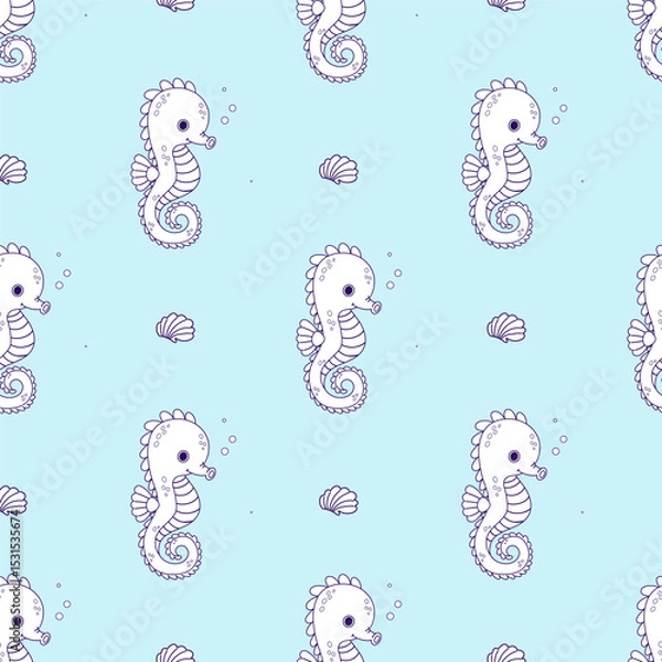 Fototapeta Sea Seamless Pattern. Outline Cute Seahorse on light blue Background. Vector Illustration. Kids collection. Line drawing