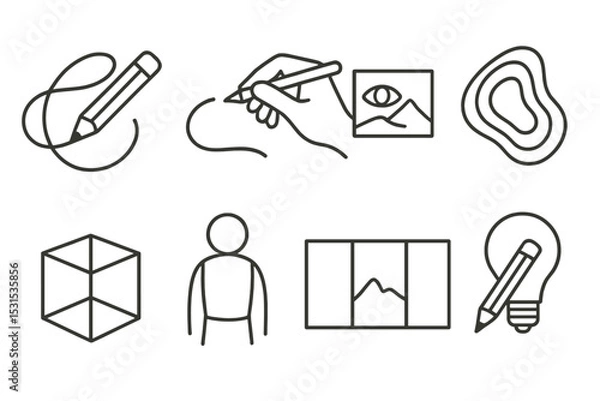 Fototapeta Artistic Icons Collection. Line style icons of drawing: freeform pencil loop, artist hand motion, observational sketch icon,