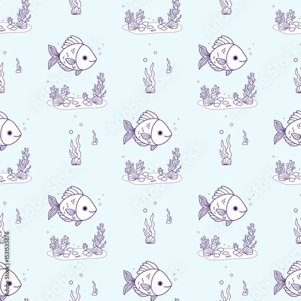 Fototapeta Sea Seamless Pattern. Outline Cute Fish Swimming with algae and seabed on light blue Background. Vector Illustration. Line drawing. Kids collection