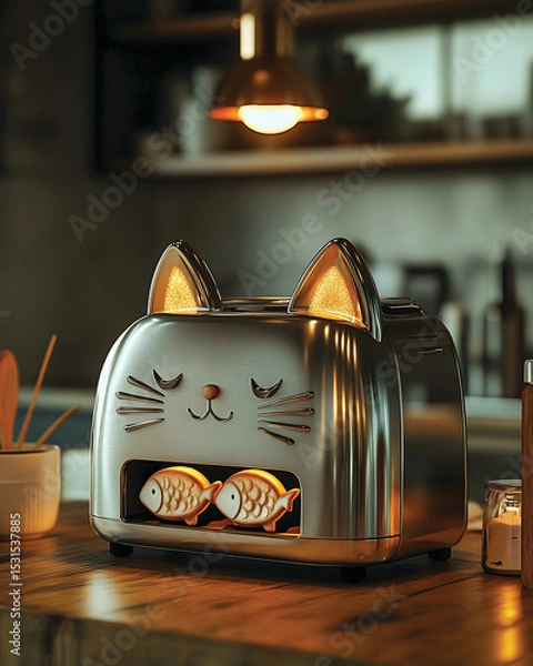 Obraz Cute Cat Toaster with Fish Toast - Playful Kitchen Appliance