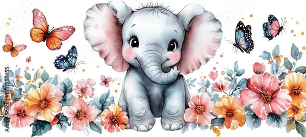 Obraz Uroczy, mały słoń siedzi pośród kolorowych kwiatów i motyli. Obrazek jest pełen delikatności, radości i dziecięcego uroku, idealny do ilustracji dla najmłodszych.