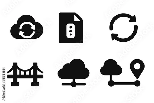 Obraz Remote Sync Icons. Solid style icons of remote sync: cloud refresh, remote file icon, update loop, sync signal. Solid style of