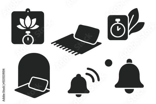 Obraz Mindful Break Icons. Solid style icons of mindful break zones: meditation timer on wall, soft rug and pillow, calm zone with timer