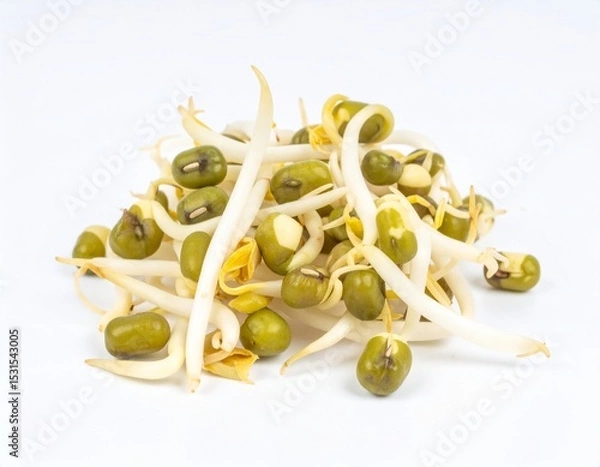 Fototapeta Bean Sprouts on Isolated White Background – Fresh Mung Bean Shoots with Crisp Texture and Studio Lighting