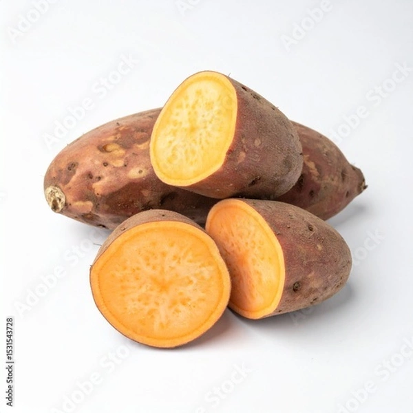 Obraz Cilembu Sweet Potatoes on Isolated White Background – Indonesian Honey-Sweet Variety with Glowing Flesh and Soft Light