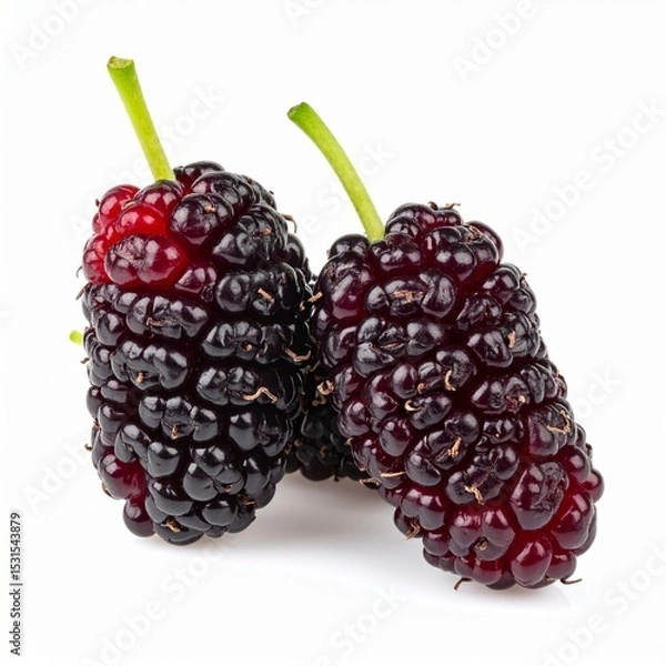 Obraz Black Mulberries on Isolated White Background – Dark Purple Elongated Berries with Juicy Texture and Natural Light