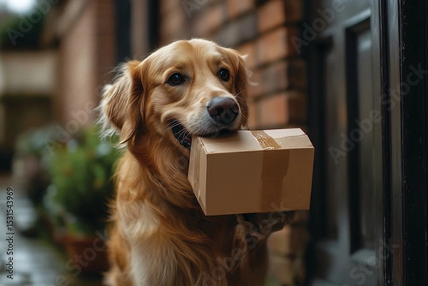 Obraz Golden Retriever with Package at Front Door - Pet Delivery/Happy Dog