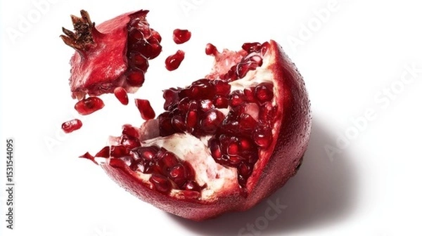 Obraz A vibrant pomegranate split open, revealing juicy red arils spilling out against a clean white background, showcasing its freshness and natural beauty
