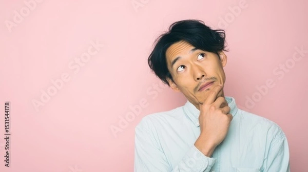 Obraz Japanese man tilting his head in thoughtful curiosity against a pastel-colored solid background