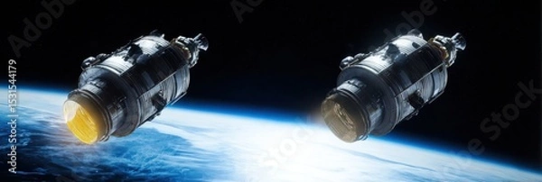 Obraz Two spacecraft in orbit around Earth, showcasing advanced technology and exploration in the vastness of space