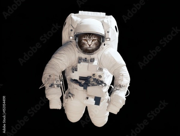 Obraz A whimsical astronaut cat floats in space, wearing a full spacesuit with an expressive face, blending humor and the wonder of exploration