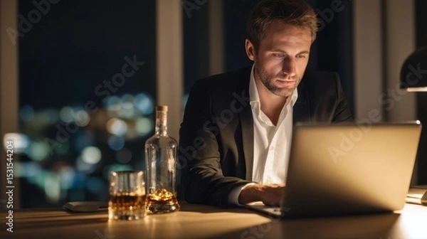 Obraz A man in a suit works late into the night at his desk, illuminated by warm light, with a bottle of whiskey and a glass nearby