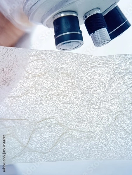 Obraz A close-up view of a microscope focusing on the intricate, vein-like patterns of a leaf's surface, highlighting detailed botanical structure
