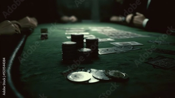 Obraz A tense poker game unfolds on a green felt table, with stacks of chips and cards in play, set against a dimly lit, atmospheric backdrop