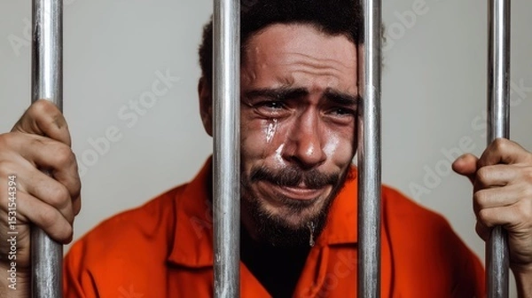 Obraz A man in an orange prison uniform cries behind bars, conveying deep sorrow and emotional distress