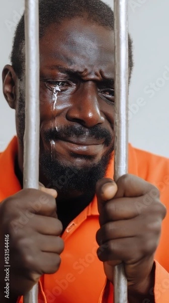 Obraz A prisoner in an orange jumpsuit grips jail cell bars tightly, symbolizing confinement, justice, and the stark reality of incarceration and isolation