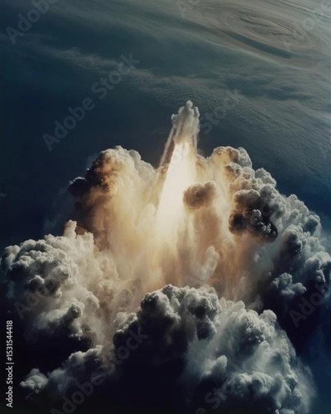 Obraz A powerful rocket launches into the sky, leaving a trail of fiery exhaust and billowing smoke against a dark, swirling atmosphere
