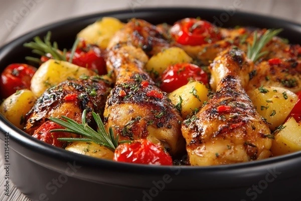 Obraz A hearty dish of roasted chicken drumsticks, potatoes, and cherry tomatoes, seasoned with herbs and spices, served in a black bowl