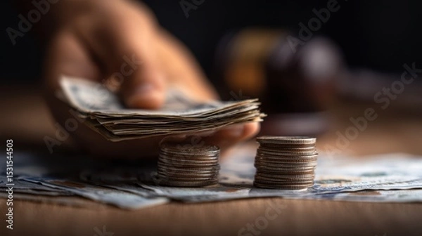Obraz A hand holds a stack of cash while two towers of coins stand in the foreground, symbolizing financial management and wealth accumulation