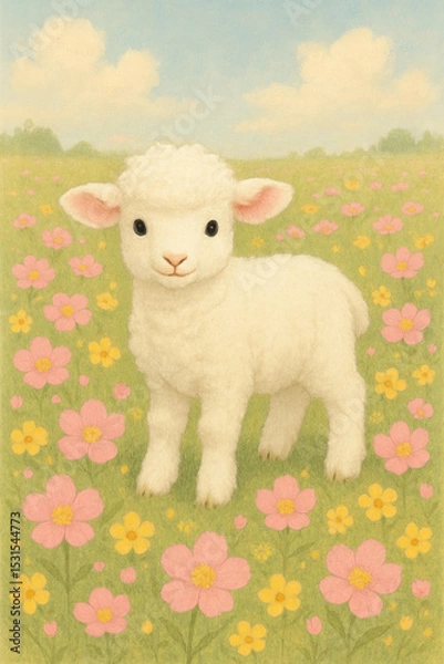 Obraz Adorable lamb in vibrant flower field under clear blue sky