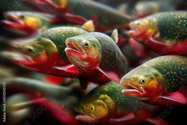 Fototapeta Group of fish swimming in water towards camera, closeup wide angle underwater photo. Generative AI