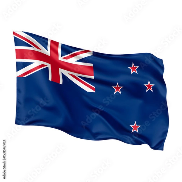 Fototapeta New Zealand flag blue field with Union Jack and Southern Cross stars, fabric surface realistic, soft flowing movement, studio photography setup, isolated transparent, stock standard quality, star
