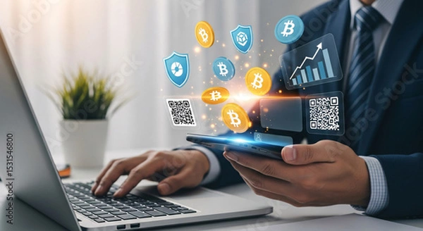 Fototapeta A modern businessman navigates the intricate world of Cryptocurrency. He uses a laptop and mobile device with holographic symbols, visualizing the dynamic nature of the digital financial landscape.