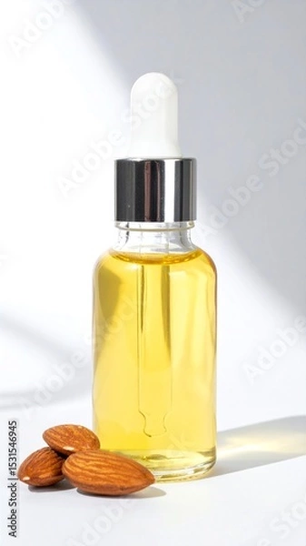 Obraz Almond Oil in Clear Dropper Bottle on Isolated White Background – Refined Oil with Mild Nut Flavor and Soft Shadow Effect