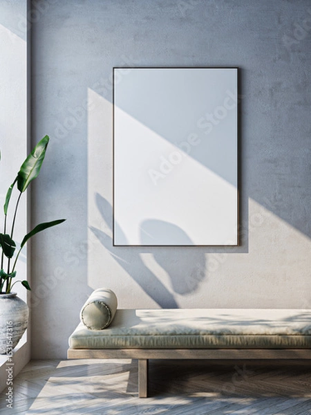 Fototapeta Frame mockup, ISO A paper size. Living room wall poster mockup. Interior mockup with house background. Modern interior design. 3D render
