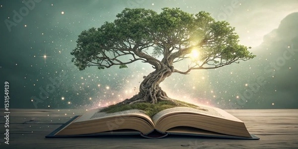 Obraz Wisdom visualized — aged tree growing from a floating book with glowing roots
