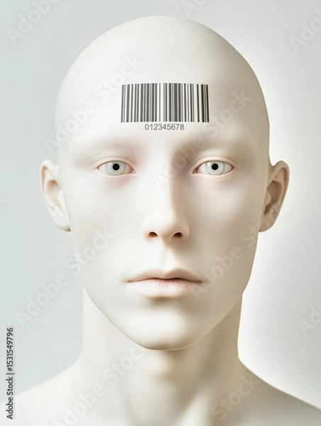 Obraz Artificial robot, head with simple facial features, barcode (dummy number) printed on forehead. Generative AI