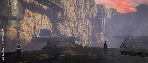 Fototapeta 3D rendered wide panoramic science fiction background of a futuristic fantasy military base in a mountain landscape.