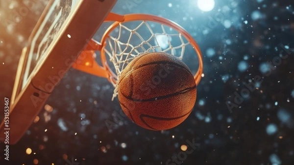 Fototapeta Low Angle View of a Basketball Going Through the Hoop Net During a Game