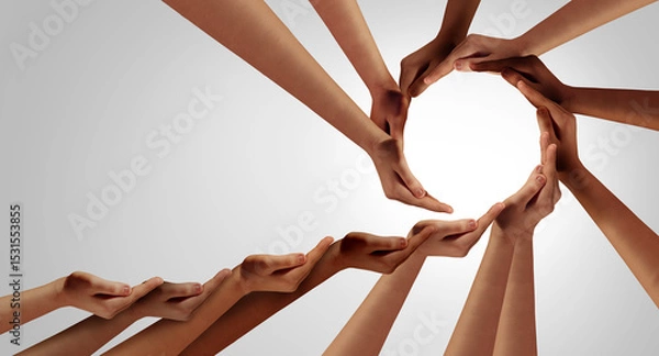 Fototapeta Collaboration And Inclusion as Business Unity and diversity partnership as hands joining in a group of diverse people connected together shaped as a support circle symbol of group team.